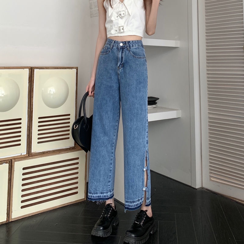 Quần Denim Dài Lưng Cao Xẻ Tà Đính Hạt Thời Trang Mùa Hè Mới 2022 Cho Nữ