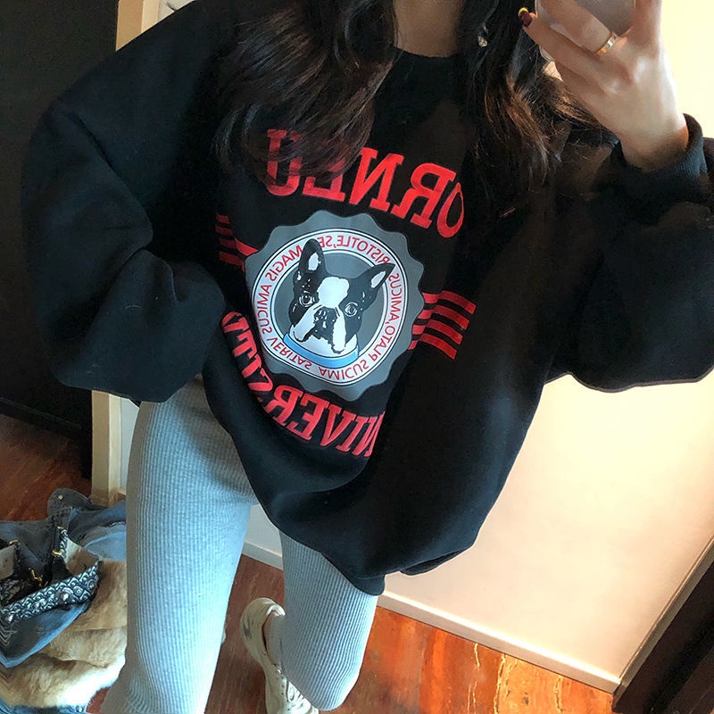 Porozi  Áo sweater tay dài dáng rộng in họa tiết phong cách Hàn Quốc cho nữ