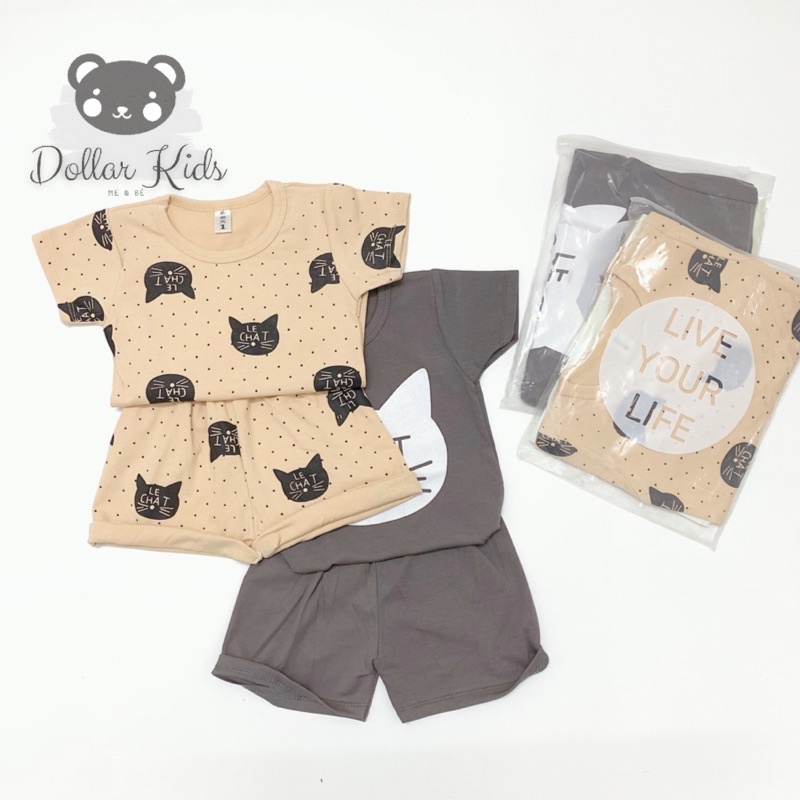 Bộ cộc tay cotton mèo xám, bộ mùa hè cho bé trai bé gái