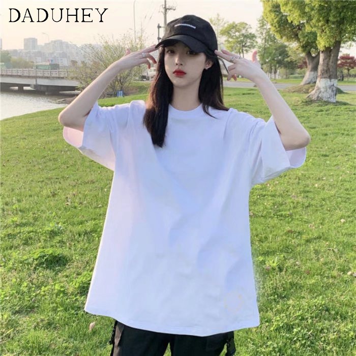 Daduhey Áo thun tay lỡ cổ tròn dáng rộng màu trơn phong cách thời trang Hàn cho nữ