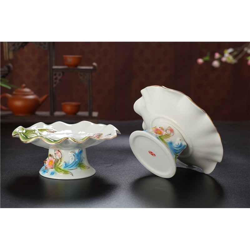 Đĩa Thờ Cúng - Set Đồ Thờ Phụng Bạch Ngọc Kim Sen Xanh Cao Cấp