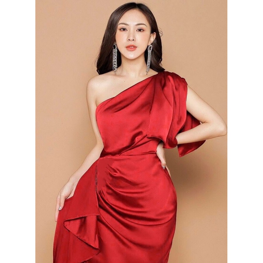 [Có bigsize] Đầm lụa dự tiệc lệch vai dún eo cao cấp *hình shop chụp