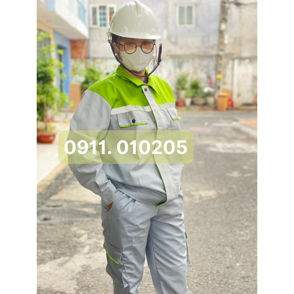 Quần áo bảo hộ lao động màu xám phối xanh lá nút đồng dành cho Nam và nữ - Hàng may kĩ