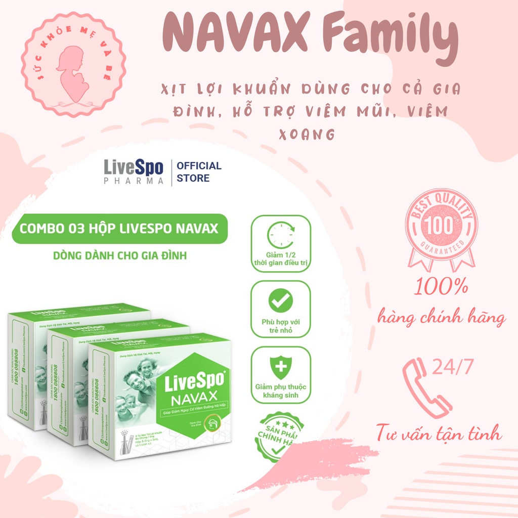 nước muối sinh lý bào tử lợi khuẩn LiveSpo Navax Family - Làm sạch và thông đường hô hấp 5 ống x 5ml