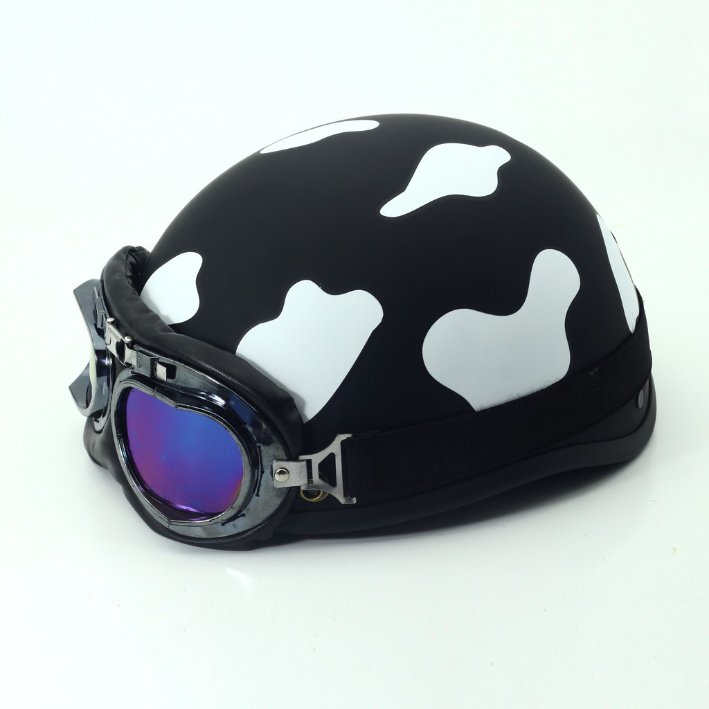 Mũ bảo hiểm nửa đầu bò sữa màu đen có kèm kính uv phi công,nón bảo hiểm 1/2 free size cho nam nữ, Thế Giới Mũ