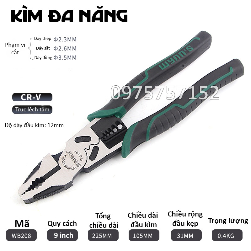 Kìm răng điện đa năng WYNN'S 9''/225mm, kìm cắt dây điện cáp quang dây thép cao cấp, kềm vạn năng cắt ngọt lưỡi siêu bén