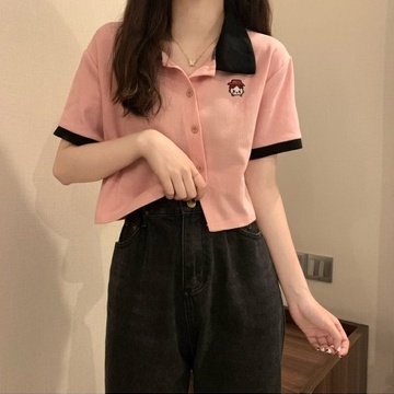 Áo thun polo ZHELIHANGFEI dệt kim ngắn tay phối nút chéo xinh xắn