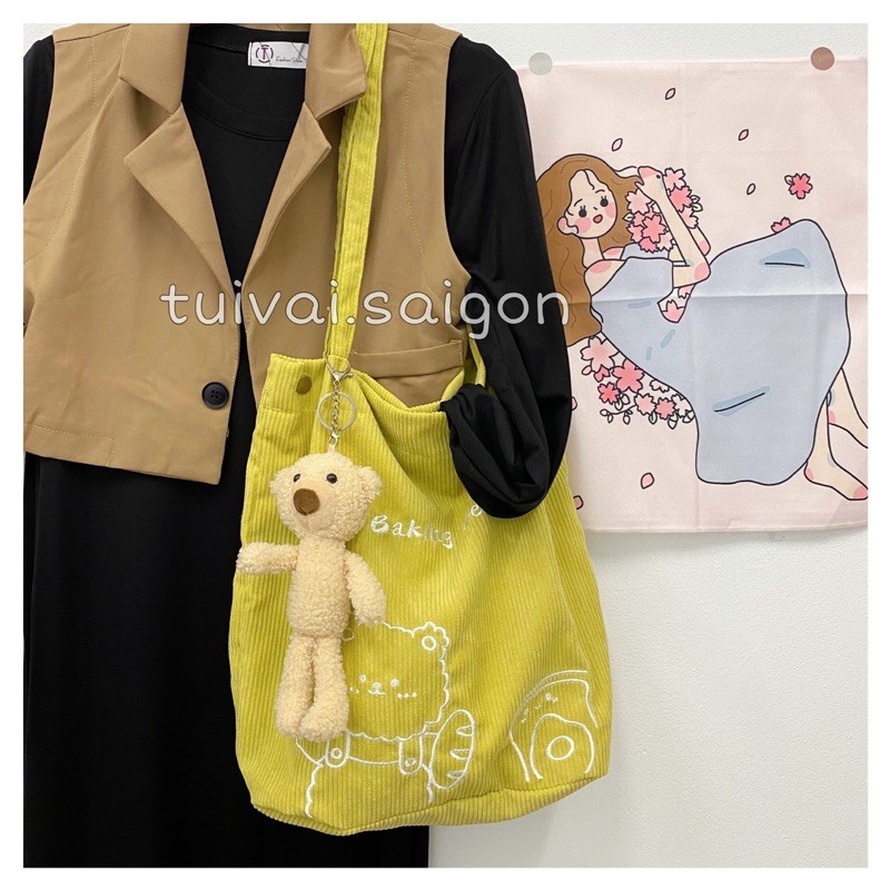 ẢNH THẬT Túi tote túi vải nhung kèm móc khoá gấu teddy 3 màu đáng yêu