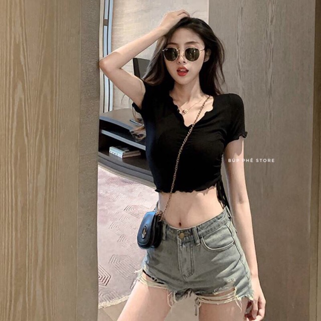 Áo croptop nhún dây rút Ulzzang