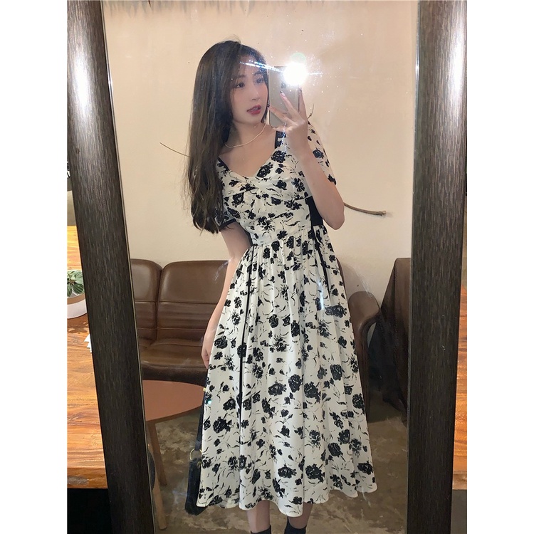 Đầm ZHELIHANGFEI dáng dài qua đầu gối chiffon có khóa kéo in họa tiết hoa nhỏ chất lượng cao xinh xắn