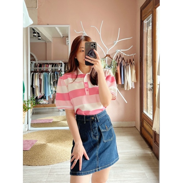Áo polo hồng sọc ngang