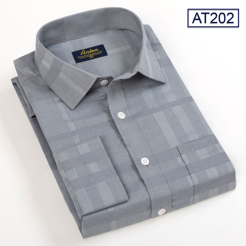[HÀNG VIỆT NAM] Áo Sơ Mi Nam Công Sở Trung Niên Thương Hiệu Anton Dài Tay Màu Xám Ghi Họa Tiết Kẻ Caro Chìm – AT202