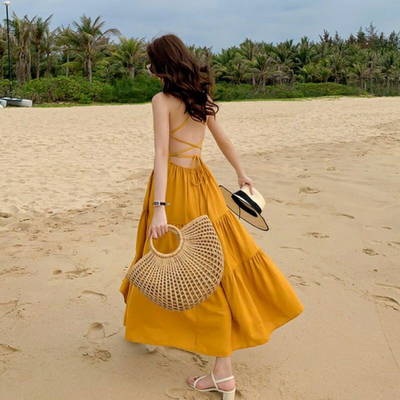 Váy maxi hở lưng dây đan đi bỉn