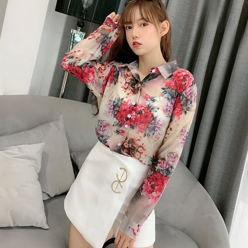 Áo Sơ Mi Nữ Tay Dài Dáng Rộng In Hoa Phong Cách Hàn Quốc