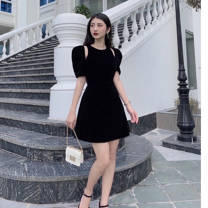 Đầm đỏ mặc tết, đầm chất nhung tay bồng khoét vai 2 màu xinh xắn - Danie Dress