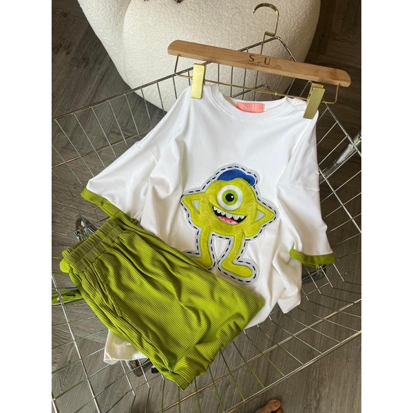 Set quần suông xanh áo thun cotton thêu - HN Closet