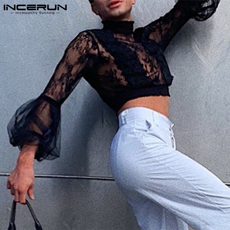 INCERUN Áo Croptop Tay Dài Phối Ren Xuyên Thấu Thời Trang Cho Nam
