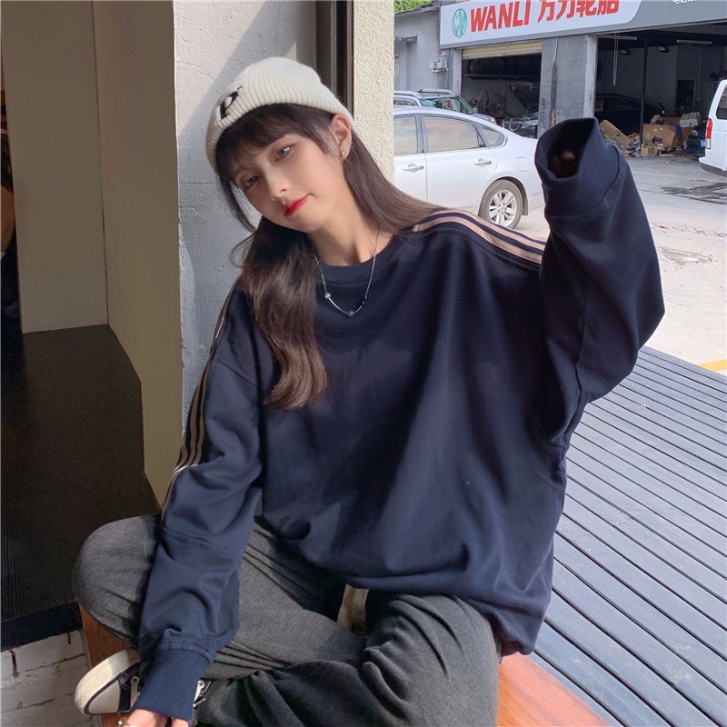 Áo sweater SUXI dài tay cổ tròn kẻ sọc thiết kế mới thời trang mùa thu cho nữ