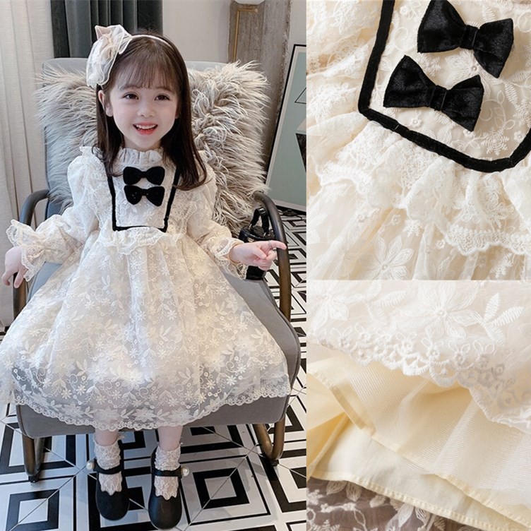 Đầm Công Chúa Dài Tay Đính Nơ Cho Bé Gái