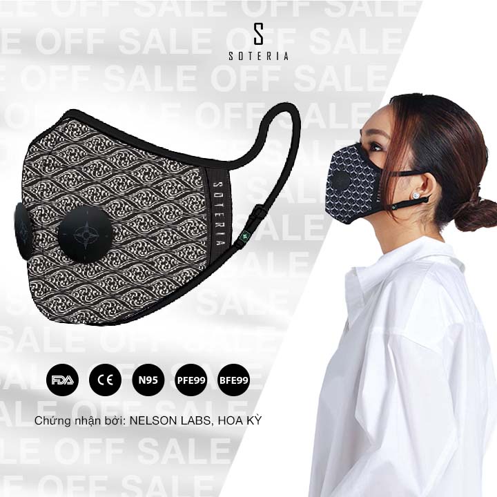Khẩu trang tiêu chuẩn Quốc Tế SOTERIA Wave ST021 - Bộ lọc N95 BFE PFE 99 lọc đến 99% bụi mịn 0.1 micro- Size S,M,L