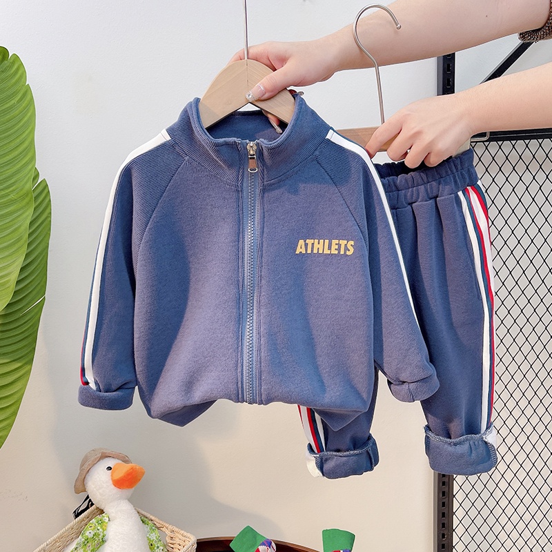 Bộ Áo Khoác Tay Dài Có Khóa Kéo In Chữ + Quần Dài Thể Thao Phong Cách Hàn Quốc Kiểu Mới Cho Bé Trai Gái 80-120cm