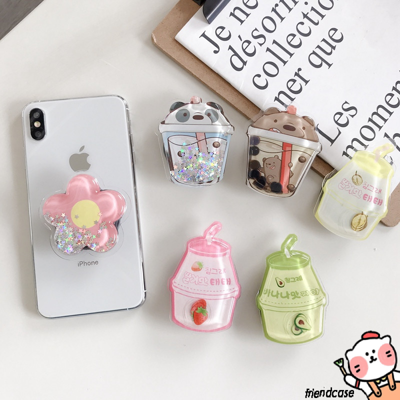 Squishy 3D Quicksand Holder Liquid Popsocket Cartoon We Bare Bears Drink Bottle Cute Phone Stand Phone Holder Desk Adjusttable Folding Bracket for All Smartphone