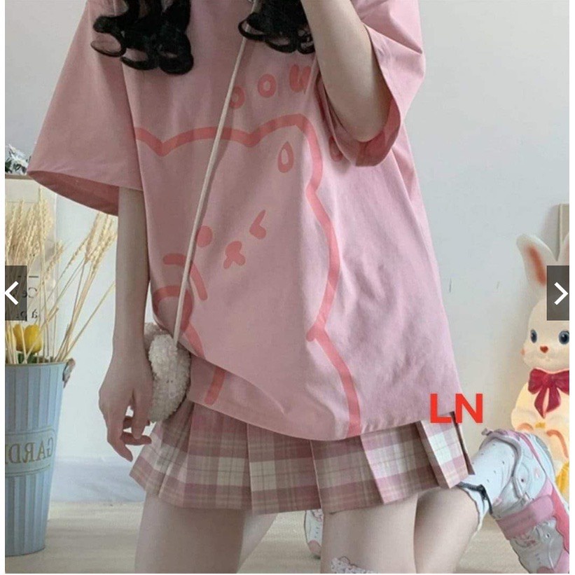 Áo phông nữ,áo thun gấu hồng và xanh form dáng thụng rộng tay lỡ chất cotton đẹp