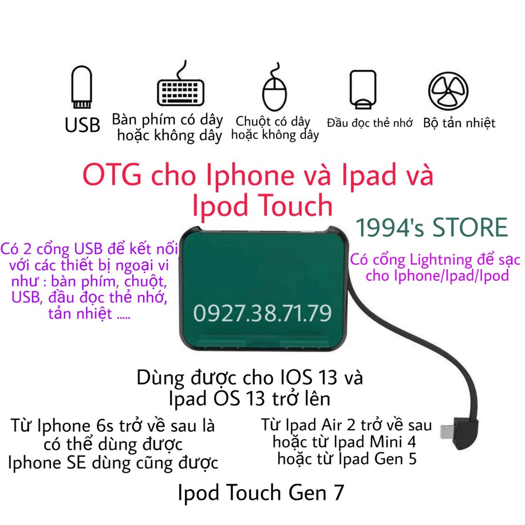 (CÓ SẴN) Cáp OTG Lightning cho Iphone, Ipad, Ipod Touch - 2 cổng USB để kết nối thiết bị ngoại vi và 1 cổng Lighning