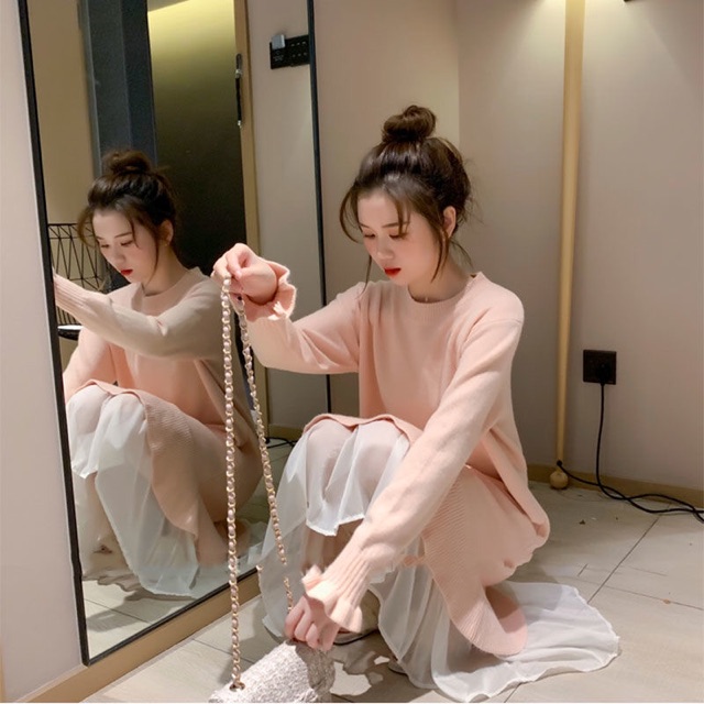 Váy len dài nữ 2019 mới thu đông mặc váy dệt kim