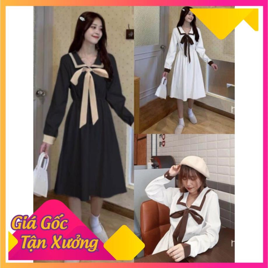 XẢ KHO GIÁ SỐC Đầm Nữ Thủy Thủ Phối Màu , Váy Dai Tay Cổ Bẻ Buộc Nơ 2 Màu Q005