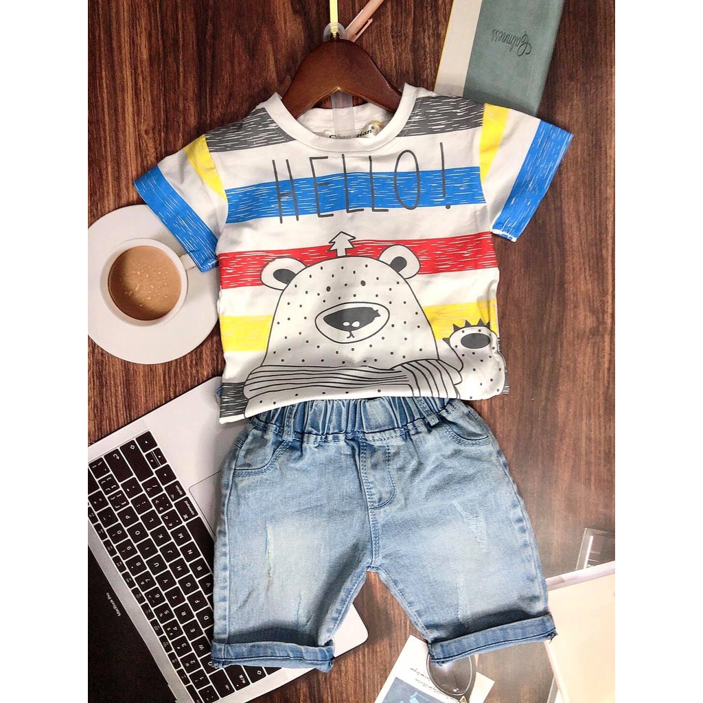 [XẢ HÀNG] Bộ Quần Áo Bé Trai - Quần Jean Co Giãn Hoạ Tiết Gấu Cute - Hàng Quảng Châu Cao Cấp