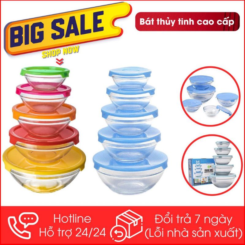 Set 5 Tô Thủy Tinh Có Nắp Đậy Thông Dụng Cho Gia Đình