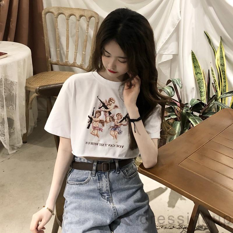 Áo thun hở bụng tay ngắn cổ tròn thời trang đơn giản in hình thiên thần và chữ cái dành cho bạn nữ | BigBuy360 - bigbuy360.vn