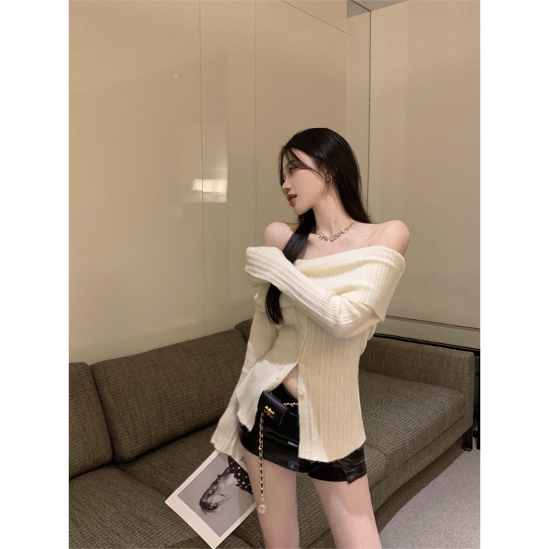 LALISAS Áo Len Tay Dài Hở Vai Màu Trơn Đơn Giản Thời Trang Hàn Quốc
