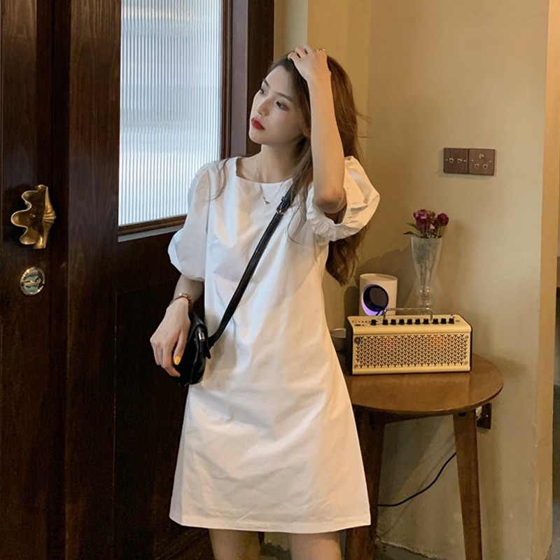 Xiaozhainv Đầm nữ tay lửng màu trắng trơn cho nữ | BigBuy360 - bigbuy360.vn