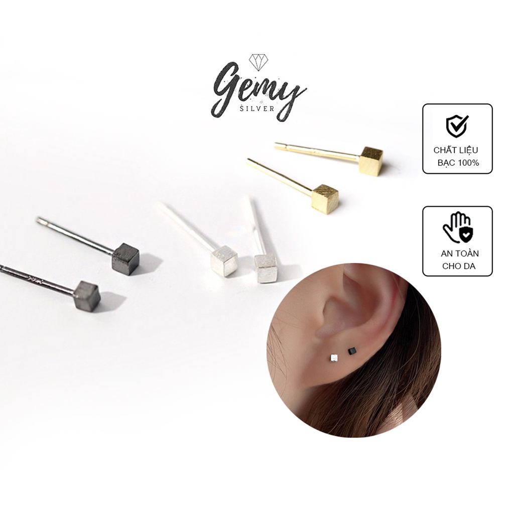 Khuyên tai nam bạc hình vuông lập phương 3 màu đơn giản, cá tính, unisex (1 chiếc) | GEMY SILVER K124
