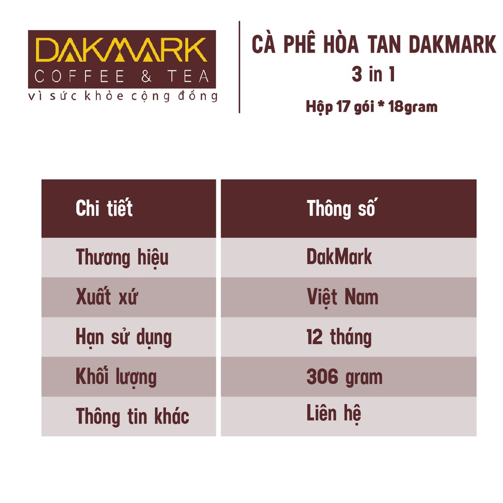 Cà phê hoà tan 3in1 DakMark- Hộp 17 gói x18g