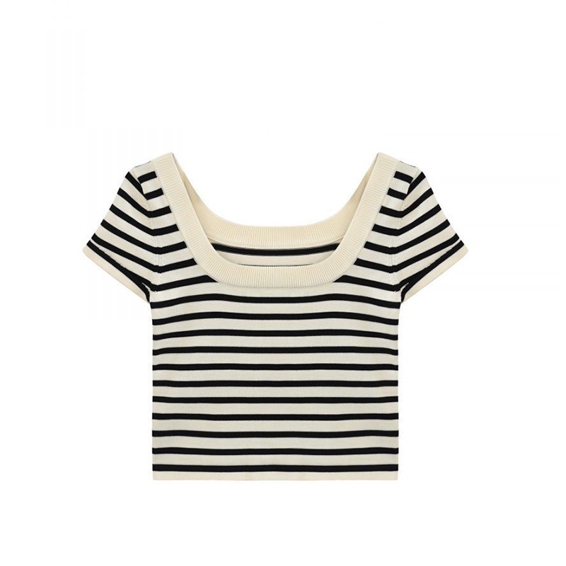 Áo thun dệt kim IELGY ngắn tay kẻ sọc thời trang cho nữ
