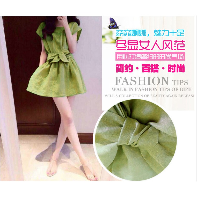 ☜✉❁Bơ màu xanh lá cây bông vải lanh váy matcha nhỏ tươi mát sinh viên thắt nơ eo Hàn Quốc