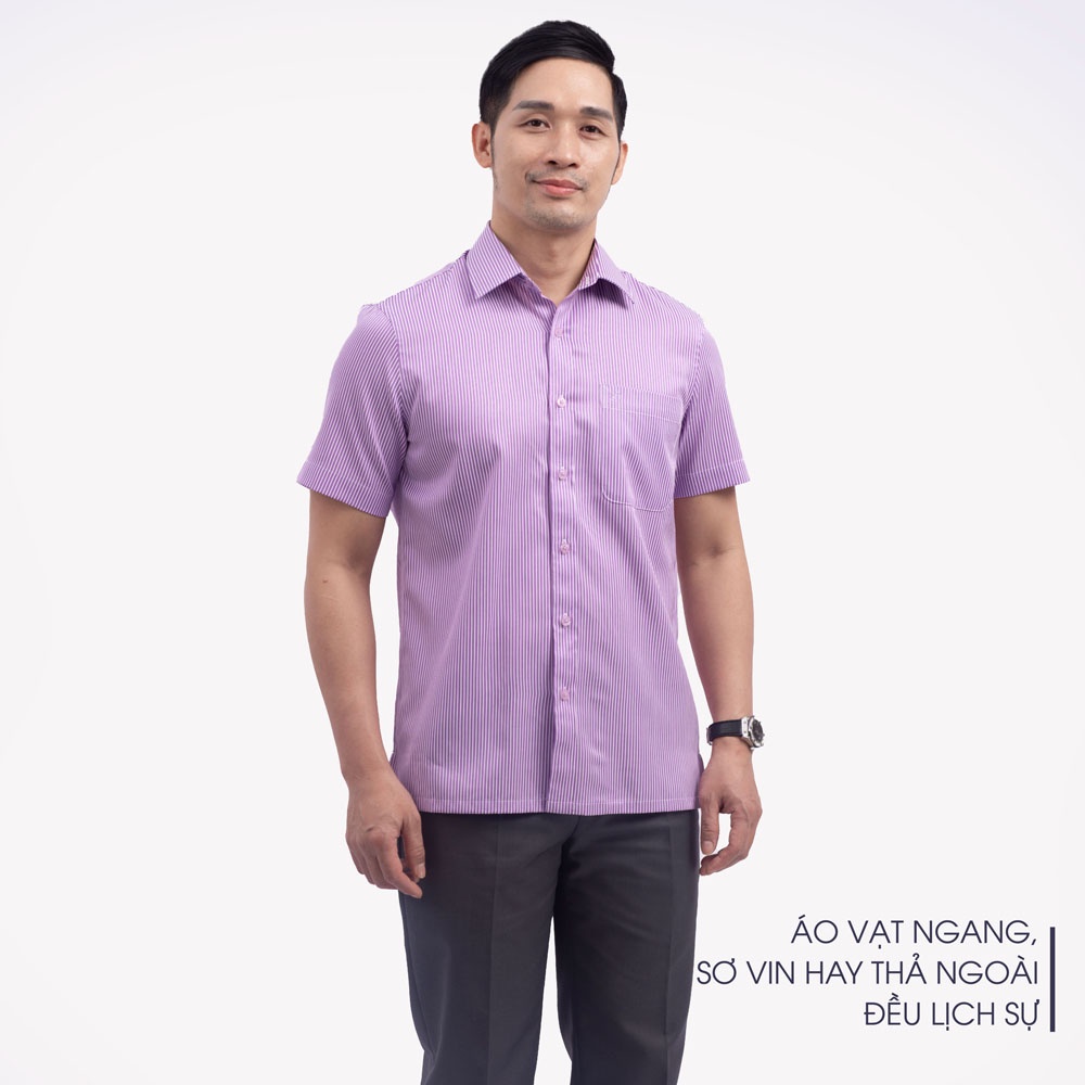 Áo Sơ Mi Nam Ngắn Tay Trung Niên ANCHI Hoạ Tiết Kẻ Tím Vải Sợi Tre Cao Cấp