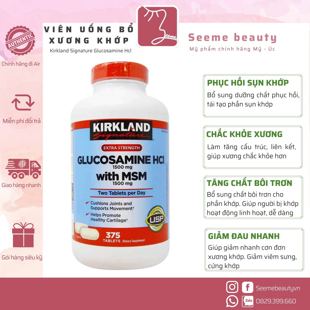 Viên Uống Hỗ Trợ Xương Khớp Glucosamine Kirkland HCL 1500mg Mỹ 375 viên SeeMe beauty VA-018