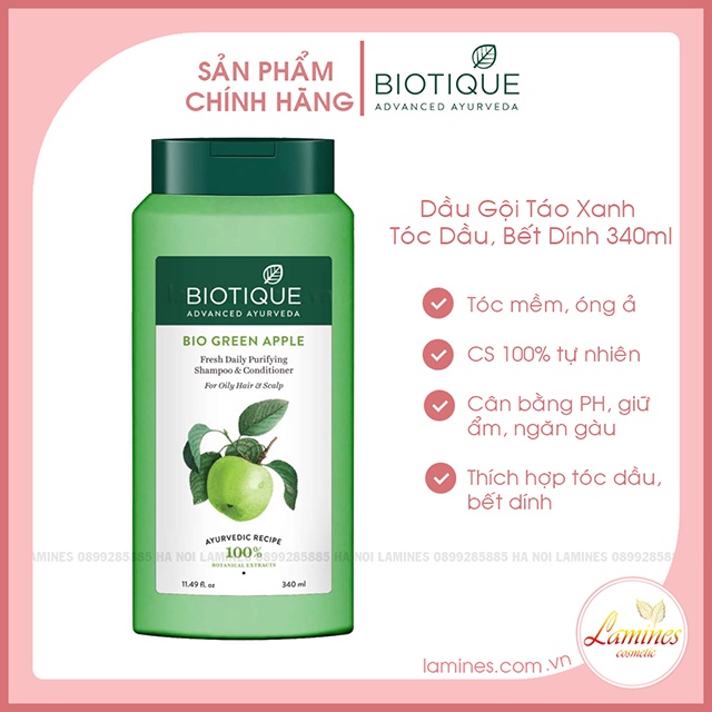Dầu Gội Táo Xanh Biotique, Tóc Dầu Và Bết Dính, Biotique Green Apple Fresh Daily Purifying Shampoo And Conditioner 340ml