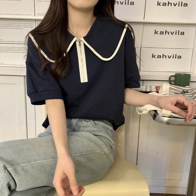 Áo Thun Ngắn Tay Dáng Rộng Cổ Bẻ Phong Cách Hàn Quốc 52183