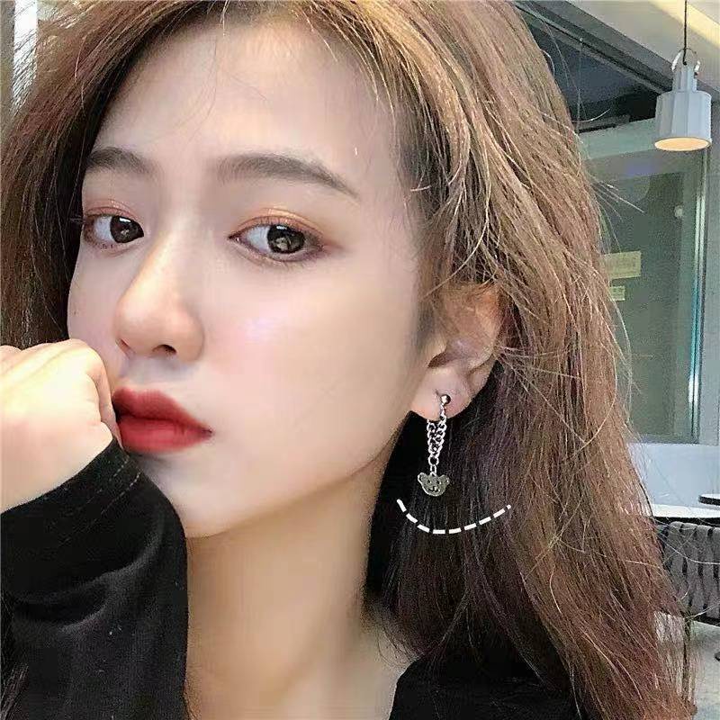 Bông Tai Hình Gấu Phối Dây Xích Phong Cách Hip Hop Thời Trang Hàn Quốc Cá Tính