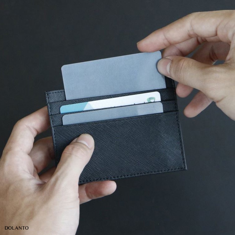 VÍ ĐỰNG THẺ MINI Cardholder ZERO Nhỏ Gọn Da Thật Vân Saffiano Cao Cấp Chống Thấm Nước Unisex Thương Hiệu DOLANTO