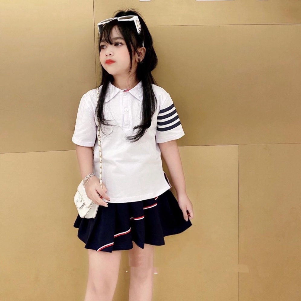 Váy đồng phục cho bé gái, Set váy đồng phục học sinh nữ SN tay 4 vạch bé size 14-35kg