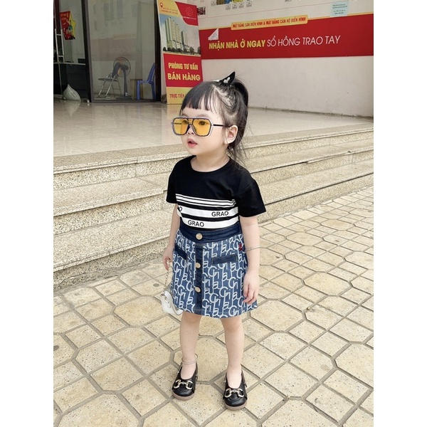 Ảnh thật - Set áo phông chân váy jean xanh kèm mũ Grao