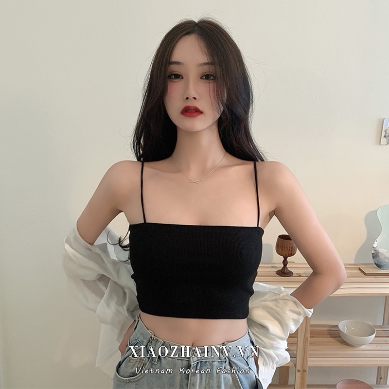 Xiaozhainv Áo thun ôm 2 dây màu trơn phong cách Hàn