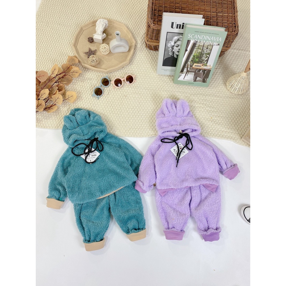 Bộ lông cừu cho bé trai, bé gái, set áo hoodie tai gấu và quần dài bo gấu, lông cừu, đẹp và ấm cho bé từ 8 đến 18 kg