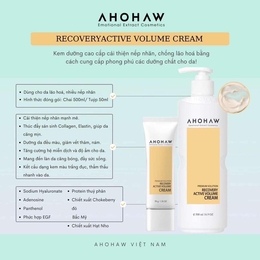 Kem Dưỡng Ẩm Ahohaw Recovery Active Volume Cream Hàn Quốc Cao Cấp Chống Lão Hóa Cải Thiện Nếp Nhăn